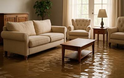 Salon inondé avec canapé, fauteuils et table basse partiellement immergés par un dégât des eaux.