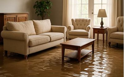 Salon inondé avec canapé, fauteuils et table basse partiellement immergés par un dégât des eaux.