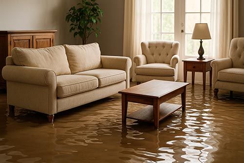 Salon inondé avec canapé, fauteuils et table basse partiellement immergés par un dégât des eaux.